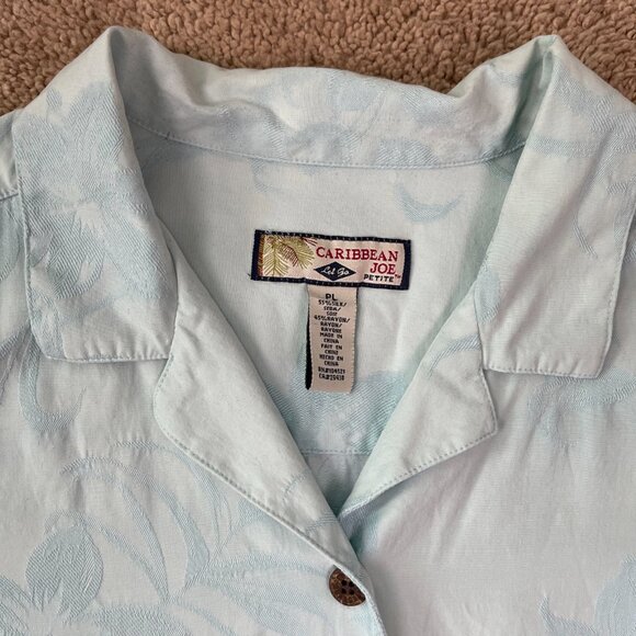 Caribbean Joe Petite Shirt Womens PL Blue Silk Button Tropical Floral Hawaiian - Picture 3 of 7